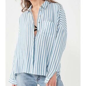 BDG Women's Button Front Blue Striped Collared Shirt Long Sleeve Size M Cotton